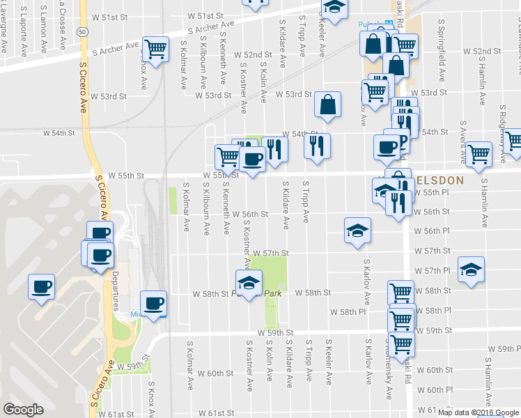 map of restaurants, bars, coffee shops, grocery stores, and more near 5552 South Kolin Avenue in Chicago