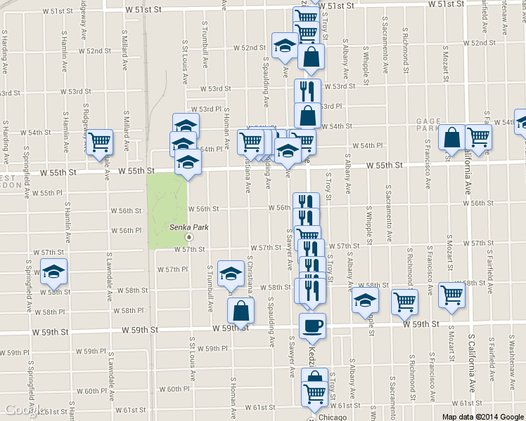 map of restaurants, bars, coffee shops, grocery stores, and more near 5600 S Spaulding Ave in Chicago