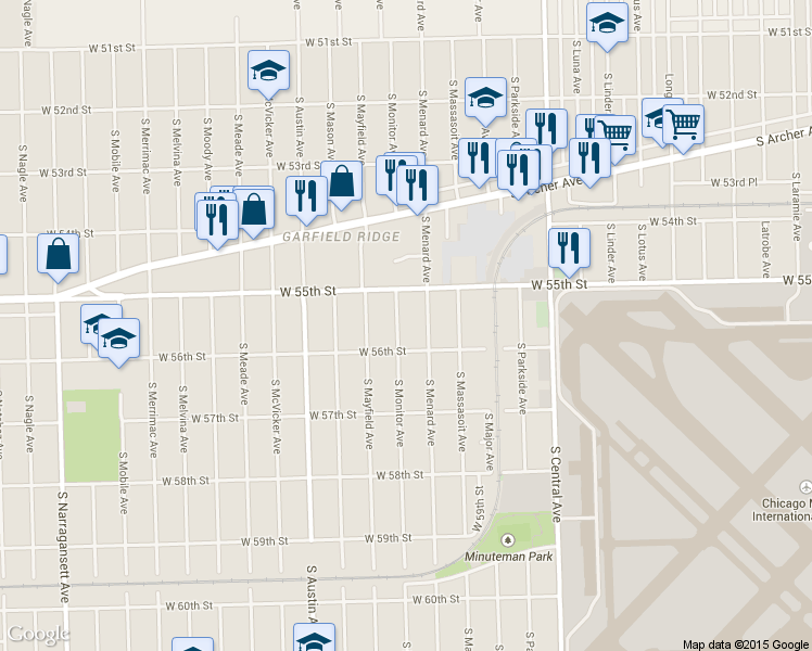 map of restaurants, bars, coffee shops, grocery stores, and more near 5537 South Monitor Avenue in Chicago