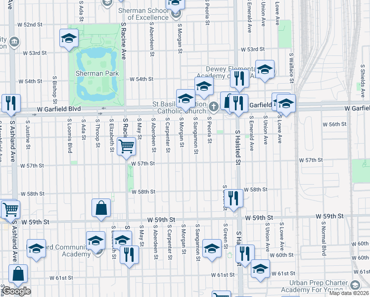 map of restaurants, bars, coffee shops, grocery stores, and more near 5631 South Morgan Street in Chicago