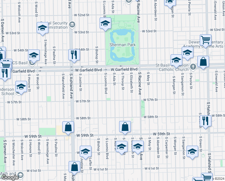 map of restaurants, bars, coffee shops, grocery stores, and more near 5622 South Ada Street in Chicago