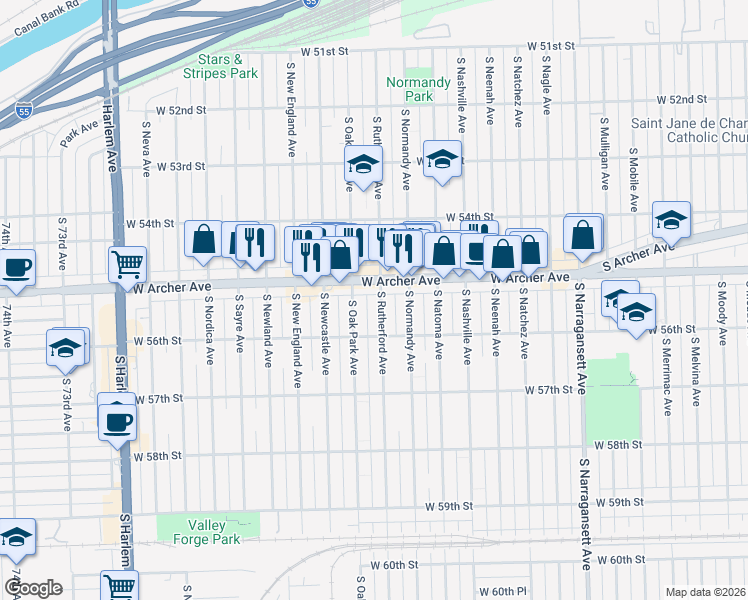map of restaurants, bars, coffee shops, grocery stores, and more near 5518 South Rutherford Avenue in Chicago