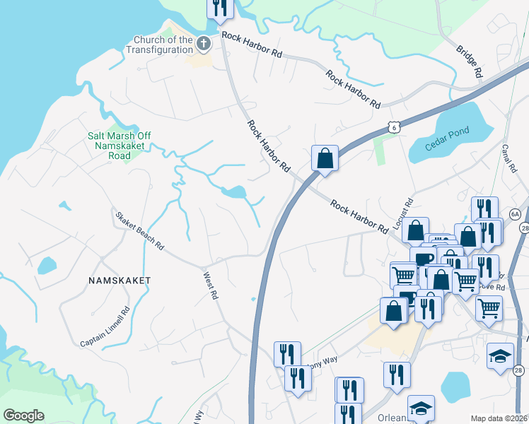 map of restaurants, bars, coffee shops, grocery stores, and more near 40 Skaket Beach Road in Orleans