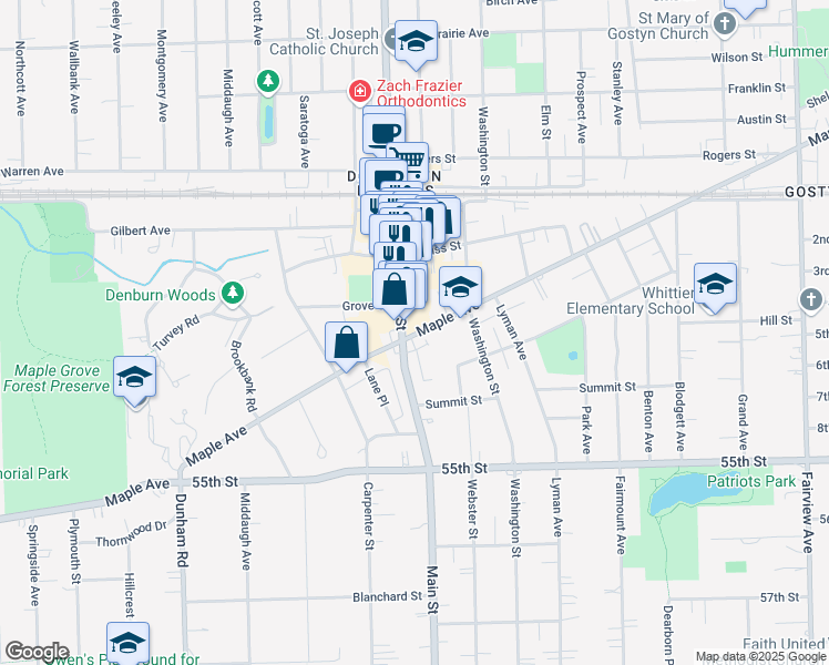 map of restaurants, bars, coffee shops, grocery stores, and more near 1010 Maple Avenue in Downers Grove