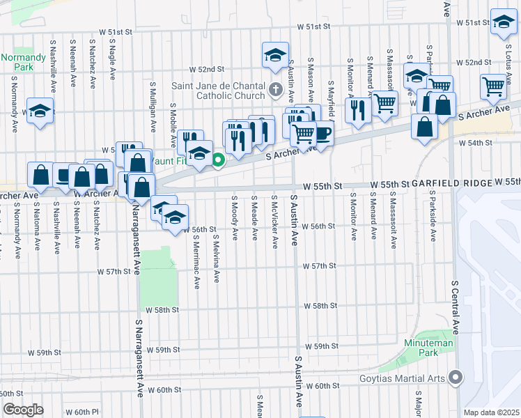 map of restaurants, bars, coffee shops, grocery stores, and more near 5531 S Meade Ave in Chicago
