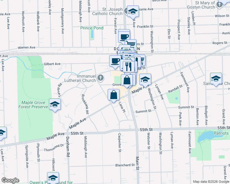 map of restaurants, bars, coffee shops, grocery stores, and more near 5234 Farrar Court in Downers Grove
