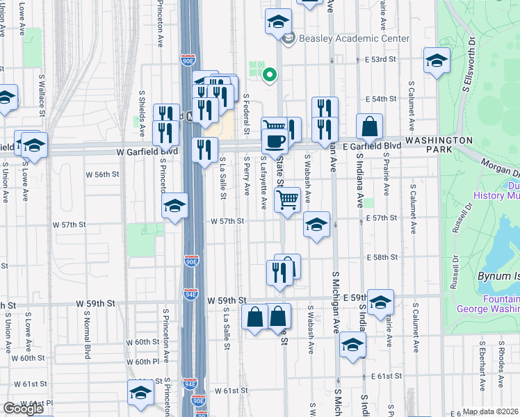 map of restaurants, bars, coffee shops, grocery stores, and more near 5642 South Lafayette Avenue in Chicago