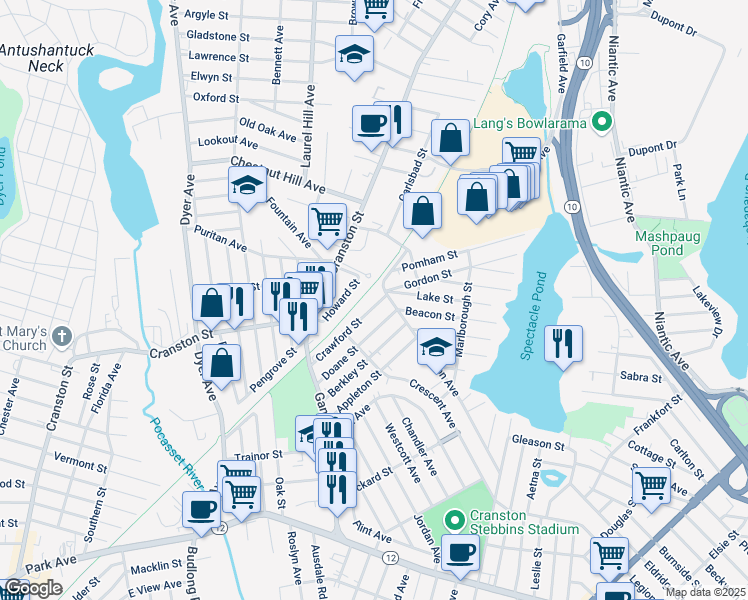 map of restaurants, bars, coffee shops, grocery stores, and more near 11 Crawford Street in Cranston