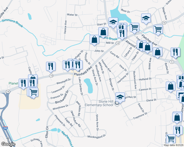 map of restaurants, bars, coffee shops, grocery stores, and more near 29 Stony Acre Drive in Cranston