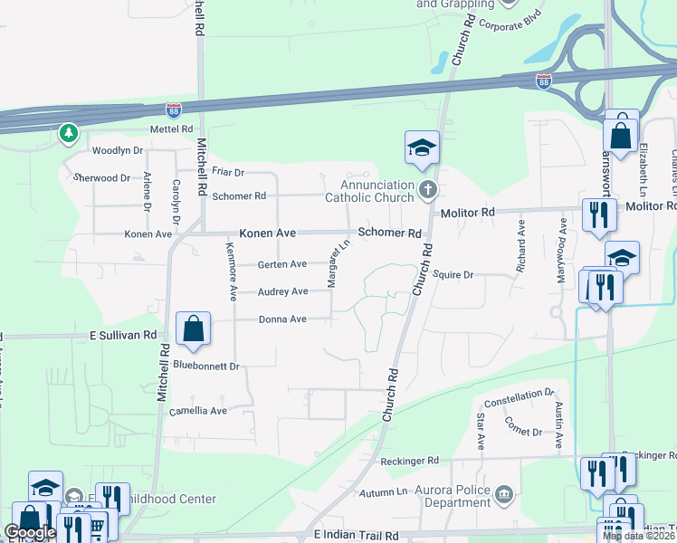 map of restaurants, bars, coffee shops, grocery stores, and more near 1705 Margaret Lane in Aurora