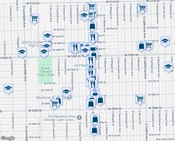 map of restaurants, bars, coffee shops, grocery stores, and more near 5601 South Sawyer Avenue in Chicago