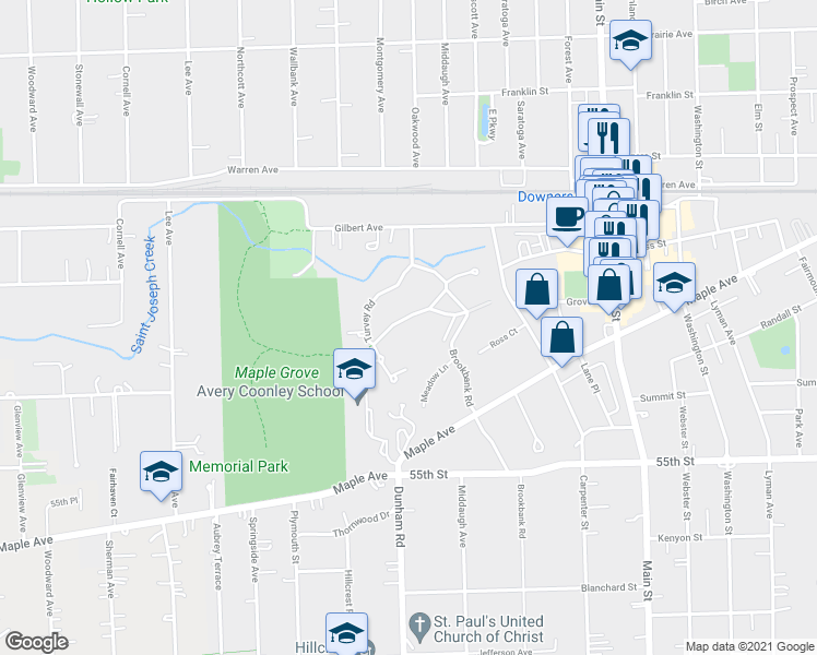 map of restaurants, bars, coffee shops, grocery stores, and more near 1343 Turvey Road in Downers Grove
