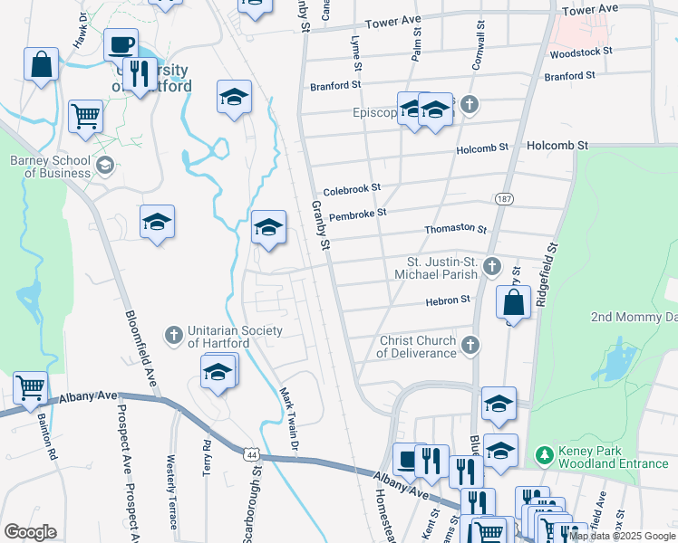 map of restaurants, bars, coffee shops, grocery stores, and more near 170 Granby Street in Hartford