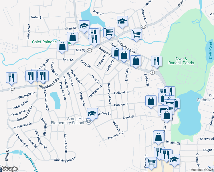 map of restaurants, bars, coffee shops, grocery stores, and more near 109 Rockwood Avenue in Cranston