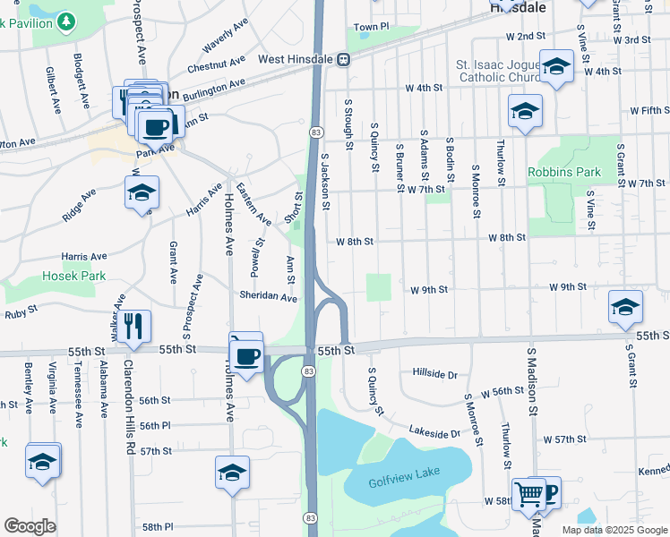 map of restaurants, bars, coffee shops, grocery stores, and more near 824 South Stough Street in Hinsdale