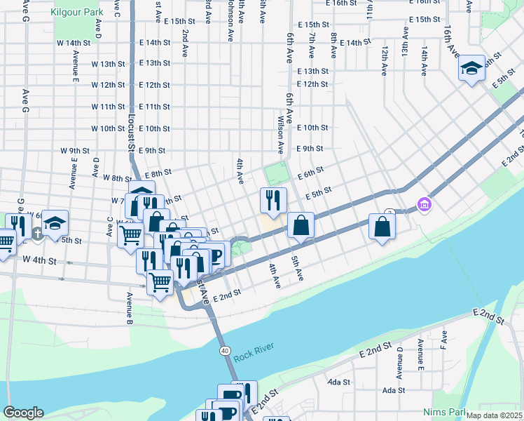 map of restaurants, bars, coffee shops, grocery stores, and more near 502 4th Avenue in Sterling