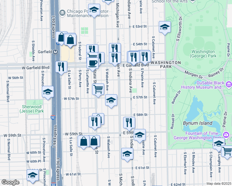map of restaurants, bars, coffee shops, grocery stores, and more near 5646 South Michigan Avenue in Chicago