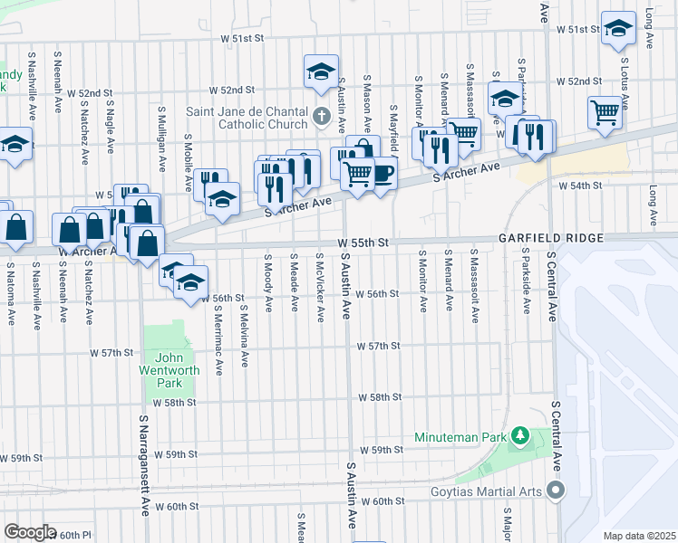 map of restaurants, bars, coffee shops, grocery stores, and more near 5532 South Austin Avenue in Chicago