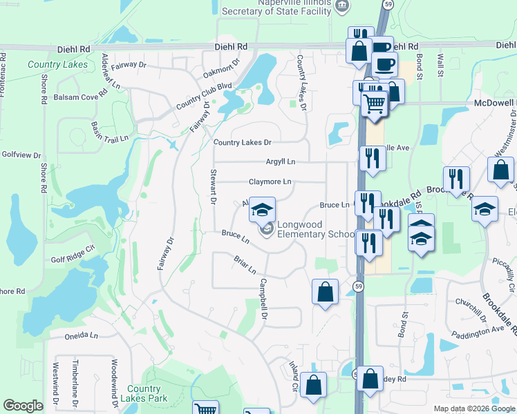 map of restaurants, bars, coffee shops, grocery stores, and more near 30W255 Allister Lane in Naperville