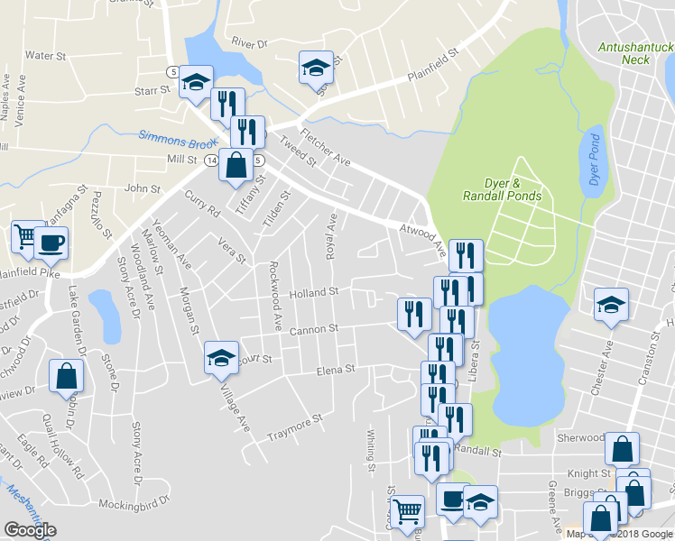 map of restaurants, bars, coffee shops, grocery stores, and more near 80 Royal Avenue in Cranston