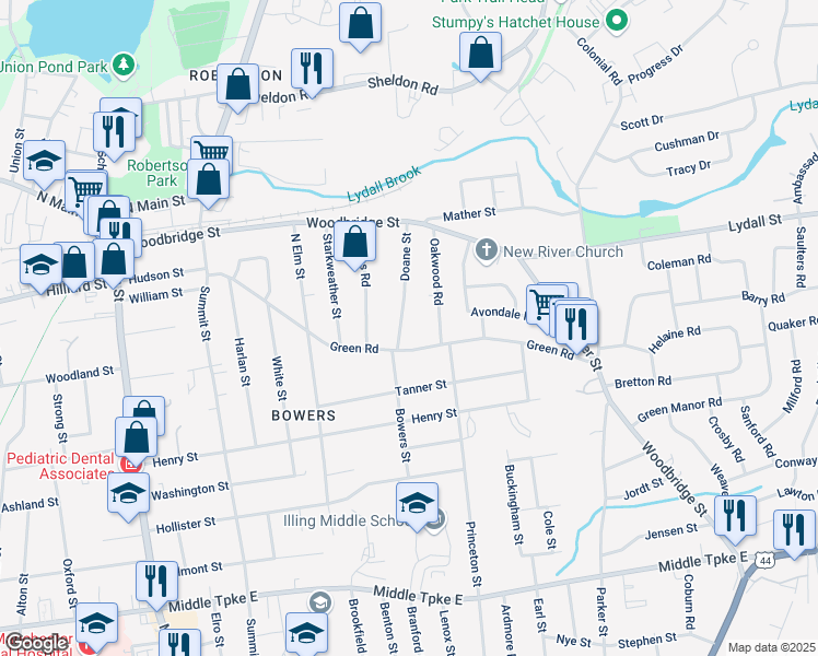 map of restaurants, bars, coffee shops, grocery stores, and more near 89 Doane Street in Manchester