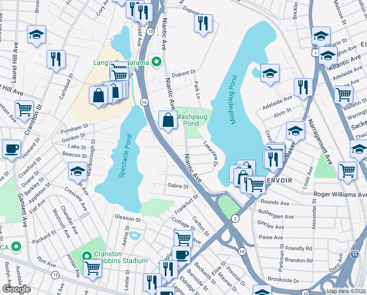 map of restaurants, bars, coffee shops, grocery stores, and more near 487 Niantic Avenue in Cranston