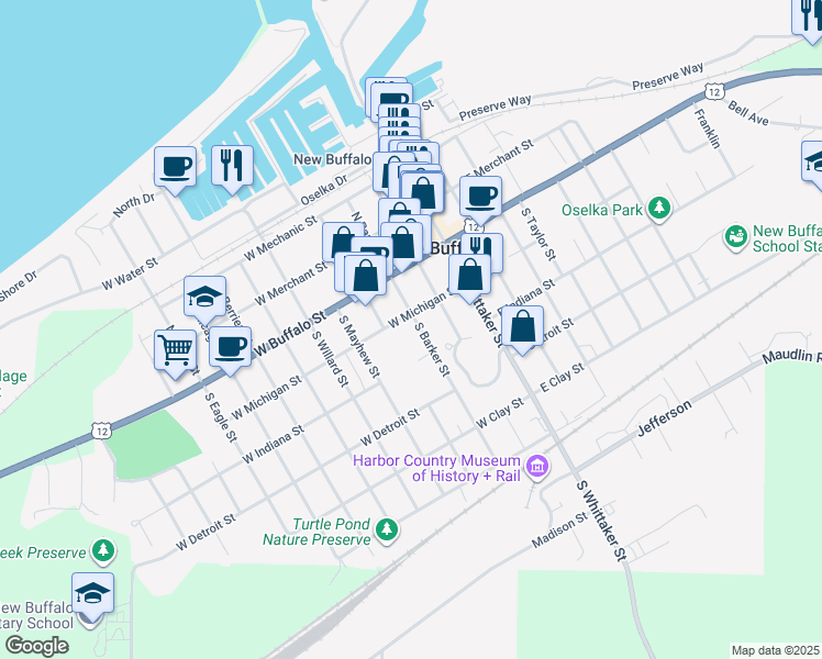 map of restaurants, bars, coffee shops, grocery stores, and more near 108 South Barker Street in New Buffalo
