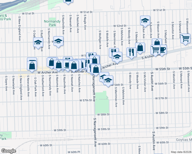 map of restaurants, bars, coffee shops, grocery stores, and more near 5523 South Narragansett Avenue in Chicago