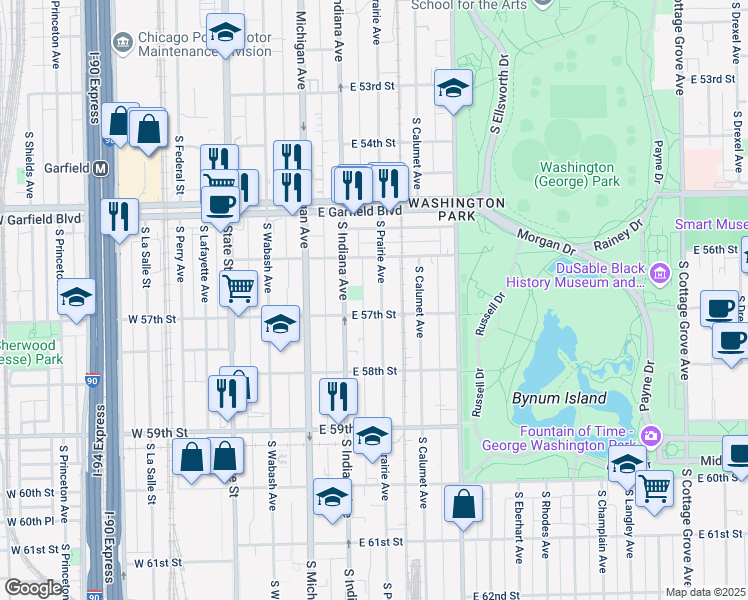 map of restaurants, bars, coffee shops, grocery stores, and more near 5652 South Prairie Avenue in Chicago