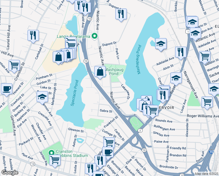 map of restaurants, bars, coffee shops, grocery stores, and more near 487 Niantic Avenue in Cranston