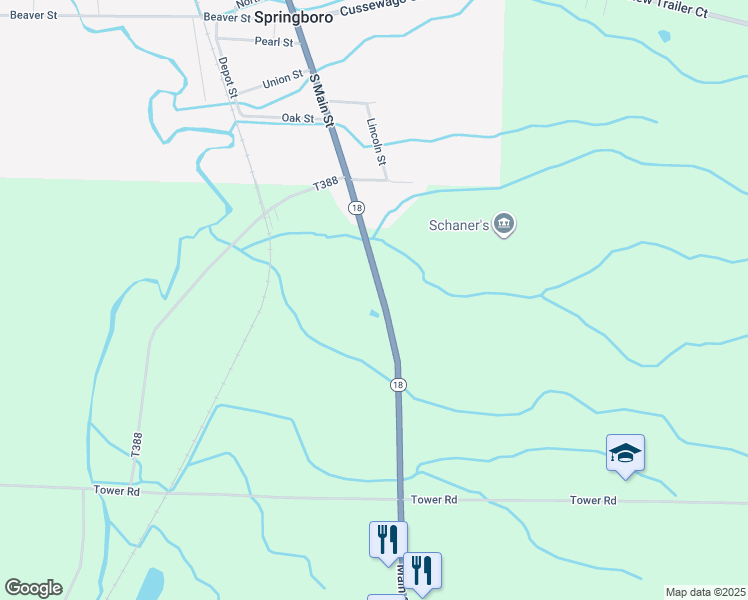map of restaurants, bars, coffee shops, grocery stores, and more near 22996 Main Street in Springboro