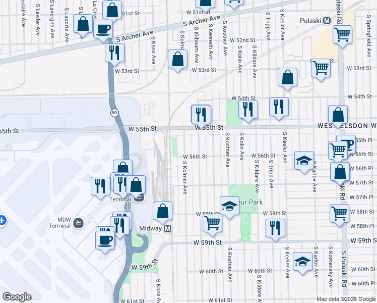map of restaurants, bars, coffee shops, grocery stores, and more near 5551 South Kolmar Avenue in Chicago