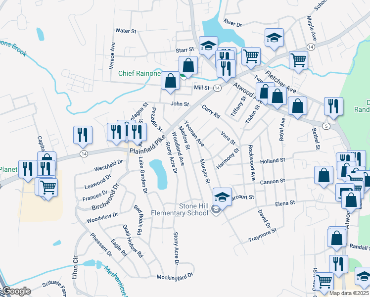 map of restaurants, bars, coffee shops, grocery stores, and more near 54 Woodland Avenue in Cranston