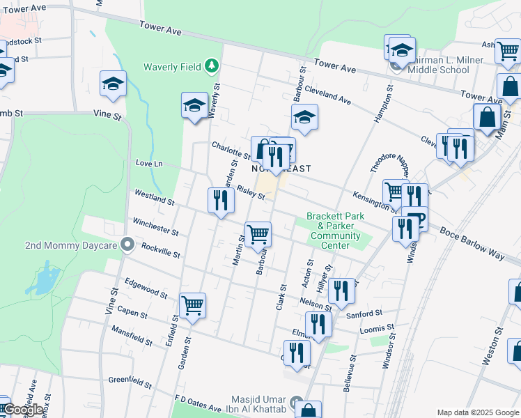 map of restaurants, bars, coffee shops, grocery stores, and more near 225 Barbour Street in Hartford