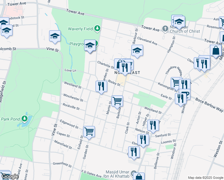 map of restaurants, bars, coffee shops, grocery stores, and more near 211 Martin Street in Hartford
