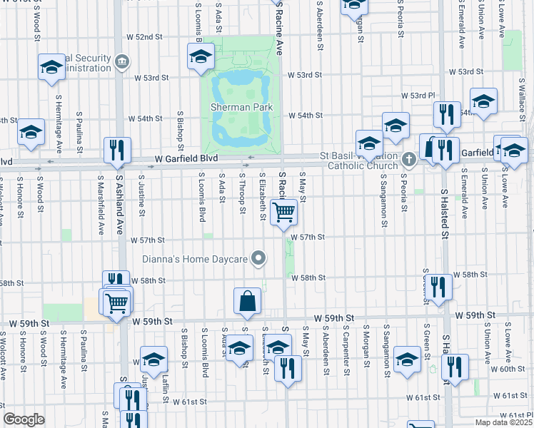 map of restaurants, bars, coffee shops, grocery stores, and more near 5629 South Elizabeth Street in Chicago