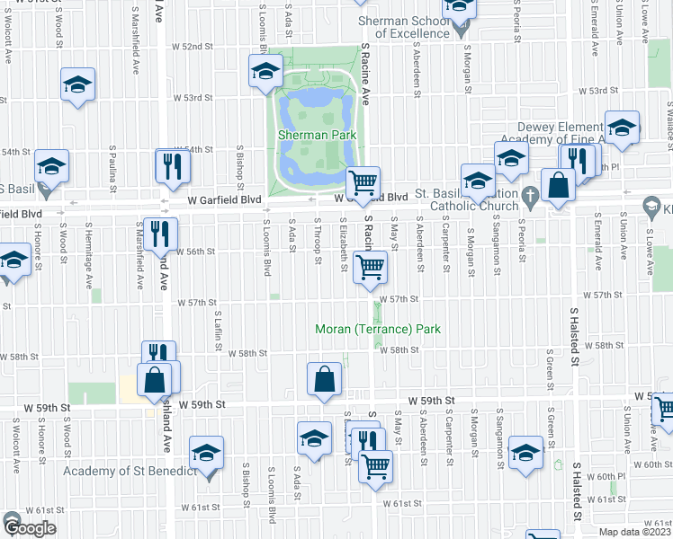 map of restaurants, bars, coffee shops, grocery stores, and more near 5627 South Throop Street in Chicago