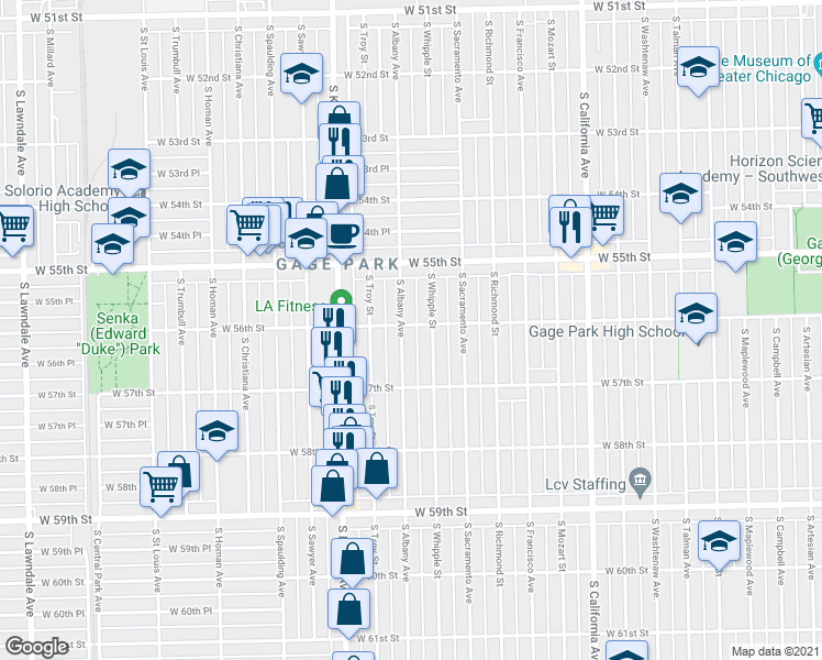 map of restaurants, bars, coffee shops, grocery stores, and more near 3051 West 56th Street in Chicago
