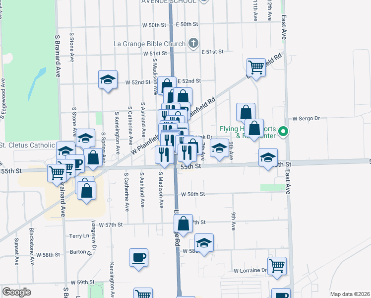 map of restaurants, bars, coffee shops, grocery stores, and more near 5435 U.S. 45 in Countryside