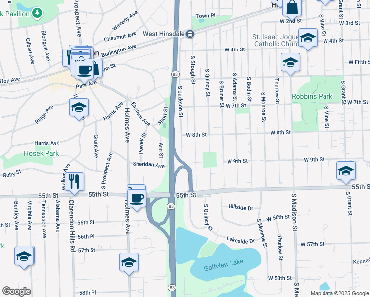 map of restaurants, bars, coffee shops, grocery stores, and more near 830 South Jackson Street in Hinsdale
