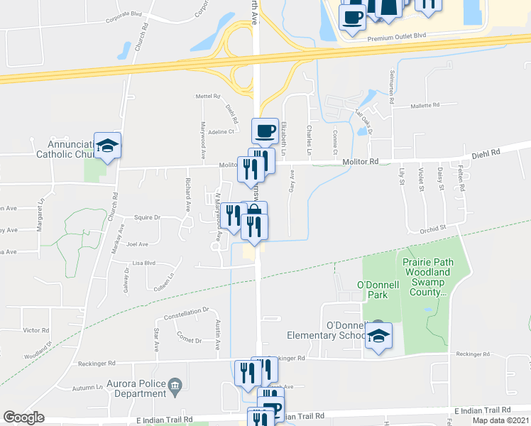 map of restaurants, bars, coffee shops, grocery stores, and more near 1686 Gary Avenue in Aurora