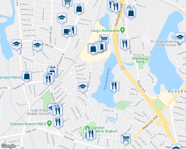 map of restaurants, bars, coffee shops, grocery stores, and more near 100 Lake Street in Cranston