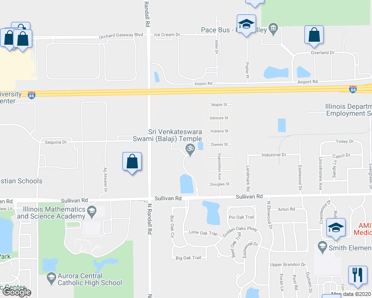 map of restaurants, bars, coffee shops, grocery stores, and more near 1145 Sullivan Road in Aurora