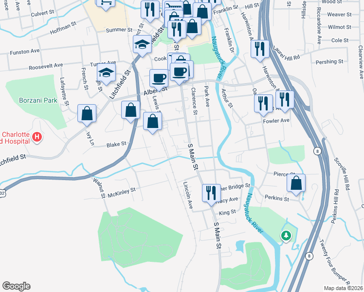 map of restaurants, bars, coffee shops, grocery stores, and more near 26 Lawton Street in Torrington