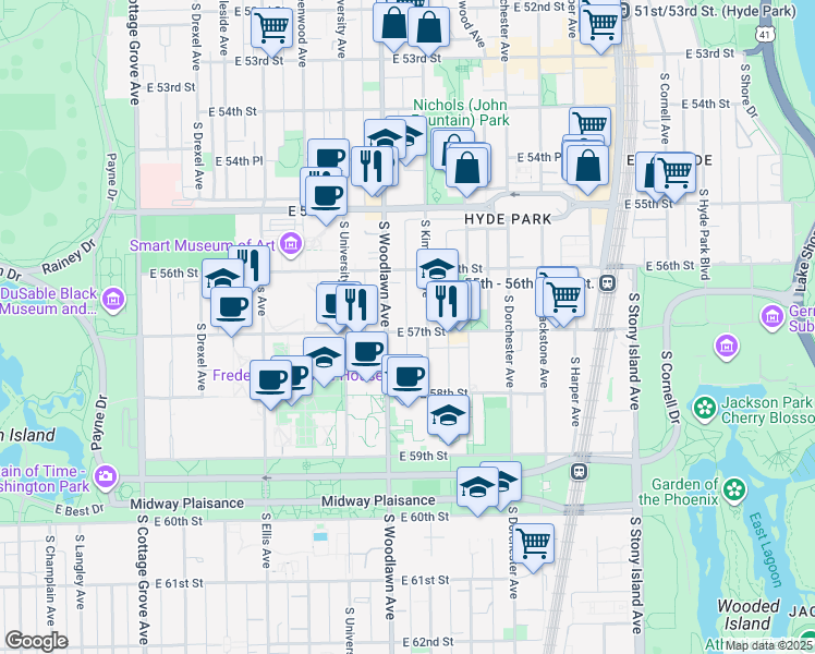 map of restaurants, bars, coffee shops, grocery stores, and more near 1220 East 57th Street in Chicago