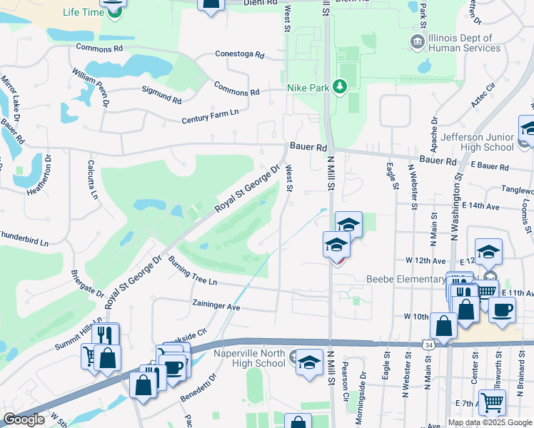 map of restaurants, bars, coffee shops, grocery stores, and more near 1215 Royal Saint George Drive in Naperville