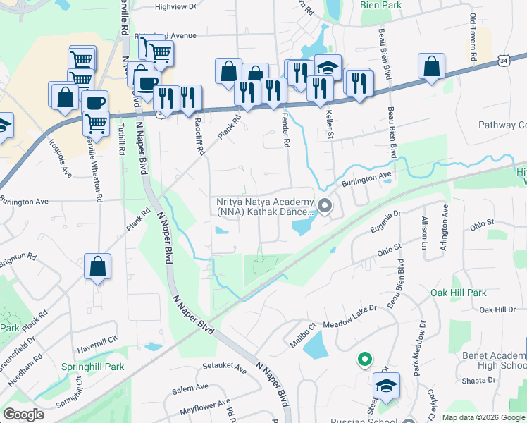 map of restaurants, bars, coffee shops, grocery stores, and more near 5175 Burnham Street in Lisle