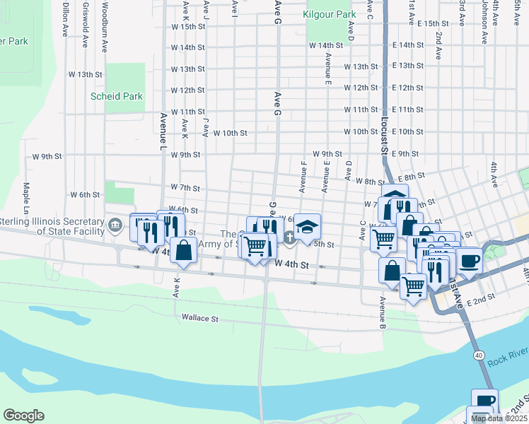map of restaurants, bars, coffee shops, grocery stores, and more near 704 West 6th Street in Sterling