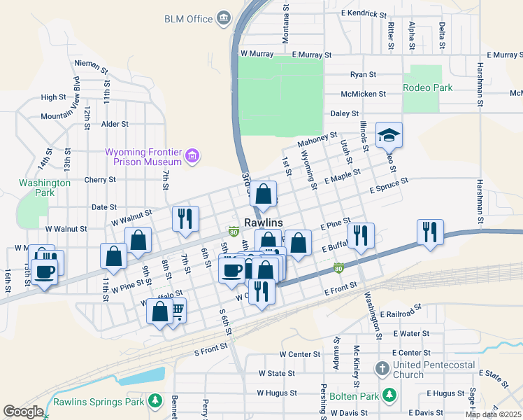 map of restaurants, bars, coffee shops, grocery stores, and more near 515 3rd Street in Rawlins