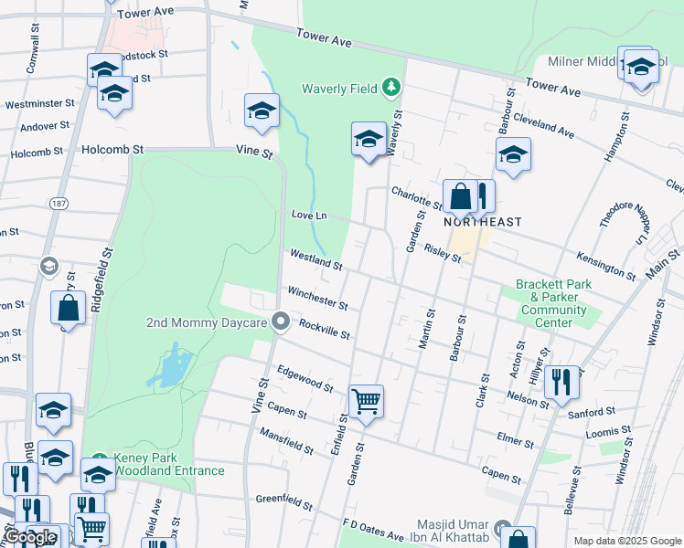 map of restaurants, bars, coffee shops, grocery stores, and more near 257 Westland Street in Hartford